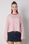 Women's Red Crop Wide Sleeve Oversize Basic Striped T-Shirt 32077 - 5