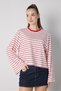 Women's Red Crop Wide Sleeve Oversize Basic Striped T-Shirt 32077