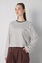 Women's Brown Crop Wide Sleeve Oversize Basic Striped T-Shirt 32077