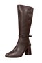 Genuine Leather Buckle Detailed Round Thick Heeled Boots - 2
