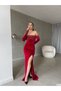 Women's Madonna / Boat Neck Stone Embellished Slit Long Velvet Evening Dress - 2