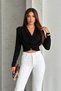 Women's Draped Collar Drawstring Design Long Sleeve White Crop Blouse - 4