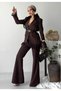 Women's Sleeves Lace Detailed Jacket Trousers Suit Brown - 7