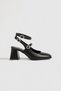 Flat Toe Leather Heeled Shoes with Ankle Belt - Black (Es)