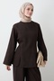 Slit Detailed Bitter Brown Denim Double Set - 2