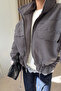 Standing Collar Padded Plaid Bomber Coat - Gray - 3