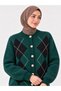 Women's Diamond Patterned 7-Button Crew Neck Long Sleeve Bearded Shawl Collar Knitwear Jacket-Emerald Green - 7