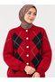 Women's Diamond Patterned 7-Button Crew Neck Long Sleeve Bearded Shawl Collar Knitwear Jacket-Red - 8