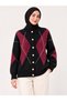 Women's Diamond Patterned 7-Button Crew Neck Long Sleeve Bearded Shawl Collar Knitwear Jacket-Bordo - 2