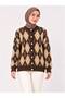 Women's Crew Neck 7-Button Diamond Patterned Bearded Fuzzy Knitwear Cardigan-Brown - 3