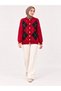 Women's Diamond Patterned 7-Button Crew Neck Long Sleeve Bearded Shawl Collar Knitwear Jacket-Red - 6