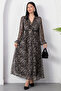 Double-Breasted Collar Leather Belted Long Sleeve Chiffon Dress Grs4232 - 3