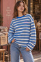Women's Navy Blue Black Striped Crew Neck Oversize Sweatshirt - 6