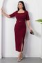 Square neck short sleeve belted crepe dress grs4185 - 5