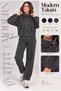 Women's Smoked Gray Color High Waist and Collar Stoppered Top and Bottom Fleece Set - 2