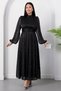 High Collar Stoned Long Sleeve Chiffon Dress Grs4206