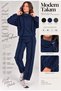 Women's Dark Blue Color High Waist and Collar Stoppered Top and Bottom Double Layered Fleece Set