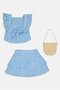 Toddlers Girl 3 Pieces Eyelet Top And Skirt With Handbag Set, Blue - 3