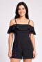 Women Square Neck Cold Shoulder Plain Playsuit, Black