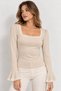 Women's Long Spanish Sleeve Square Collar Lace Trim Sandy Fabric Blouse
