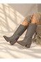 Limona Gray Patent Leather Straw Patterned 6 cm Heel Women's Boots - 4