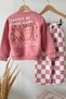 Girl's Checkerboard Patterned Oversize 3-Yarn Sweatshirt and Wide-Leg Sweatpants Set - 5