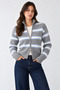 Women's Brown Stand Collar Striped Zippered Wool Cardigan