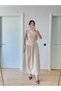 Crepe Back Wing Back Front Long Women's Dress with Pens Detail - Beige - 2