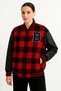 Women's College Jacket Checkered Lumberjack Sleeves Faux Leather Zippered Quilted Lining - Burgundy - 3