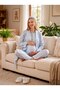 New Season Blue Patterned Shawl Collar 100% Cotton Winter Long Sleeve Special Design Maternity Pajama Set with Nursing Features - 2