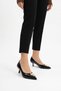Tunser low heel women's stiletto black patent leather with front buckle