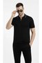 Marchè Bien Men's Summer Woven Knitwear T-Shirt Buttonless Polo Collar Short Sleeve T-Shirt - Black - 4