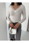 Marchè Bien Women's Lace Detailed V-Neck Back V-Neck Cashmere Textured Long Sleeve Blouse - White - 2