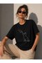 Women's Minimal Cat Illustration Printed T-Shirt Short Sleeve Summer T-Shirt - Black - 4