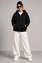Women's 3 Thread Yarn Hooded Sweatshirt with Full Zipper and Back Bag Detail - Black - 3