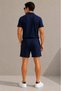 Marchè Bien Men's 2-Piece Crepe Fabric Pocket Shirt Shorts Set Short Sleeve with Laces - White & Navy Blue - 7