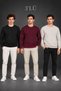 Men's 3-Piece Crew Neck Sweatshirt with Inner Ribbed 2-Yarn Plain Long Sleeve Regular Fit - Black - Claret Red