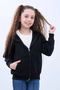 Girl's Hooded Cardigan Sweatshirt with Kangaroo Pocket and Full Zipper - Black