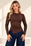 Brown Modal Fabric Asymmetrical Cut Draped Long Sleeve Blouse with Gold Accessory Design - 2