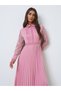 Pink Lace Sleeve Pleated Midi Dress - 2
