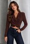Women's Brown Sandy Fabric Draped Collar Gathered Design Long Sleeve Crop Blouse - 6