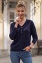 Navy Blue V-Neck Long Sleeve Front Decorative Buttoned Non-Stitched Casual Knitwear Sweater 64 66