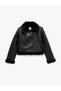 Zippered Pocket Detailed Faux Fur Lined Leather Look Biker Jacket