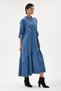 Blue Italian 100% Cotton Velvet Half-Button Floral Embroidered Long Velvet Dress 38 -44 Size - 4