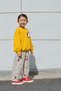 Girl's 3-Yarn Cotton Fabric Yellow Rabbit Printed Sweatshirt and Checkered Bottom Top Set - 2