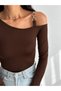 Women's Bitter Brown Single Shoulder Ringed Long Sleeve Diver Fabric Crop Blouse - 3