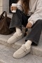Women's Beige Suede Look Fur-Lined Buckle Thick Sole Winter Slippers Pelvas