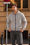 Men's Gray Fleece Cardigan Jacket with Hood, Pockets, Wool Inside, and Full Zipper