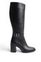 Women's Black Leather Thermo Rubber Sole Heeled Boots with Stone Buckle