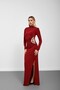 Burgundy High Collar Long Dress with Window Detail and Stone Embroidery - 5